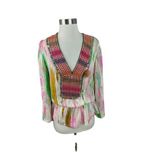 Taj by Sabrina Crippa S Pink Green Watercolor Silk Beaded V Neck Tunic
